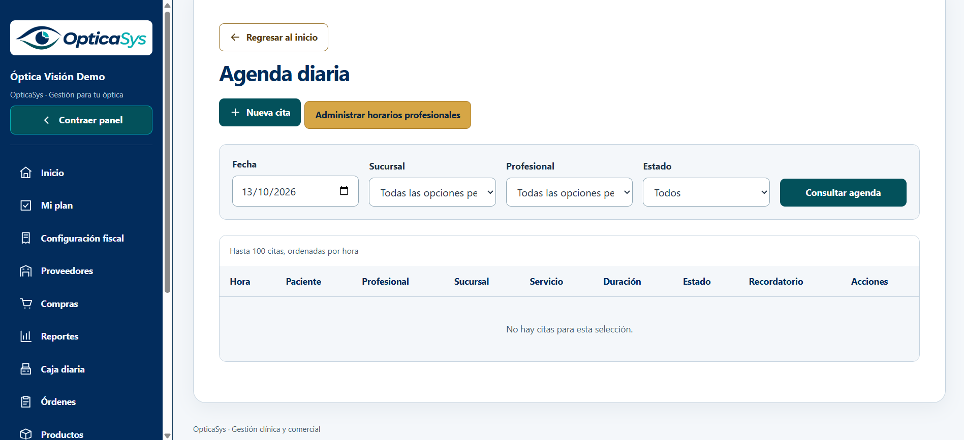 OpticaSys: agenda diaria con filtros de profesional, sucursal y estado