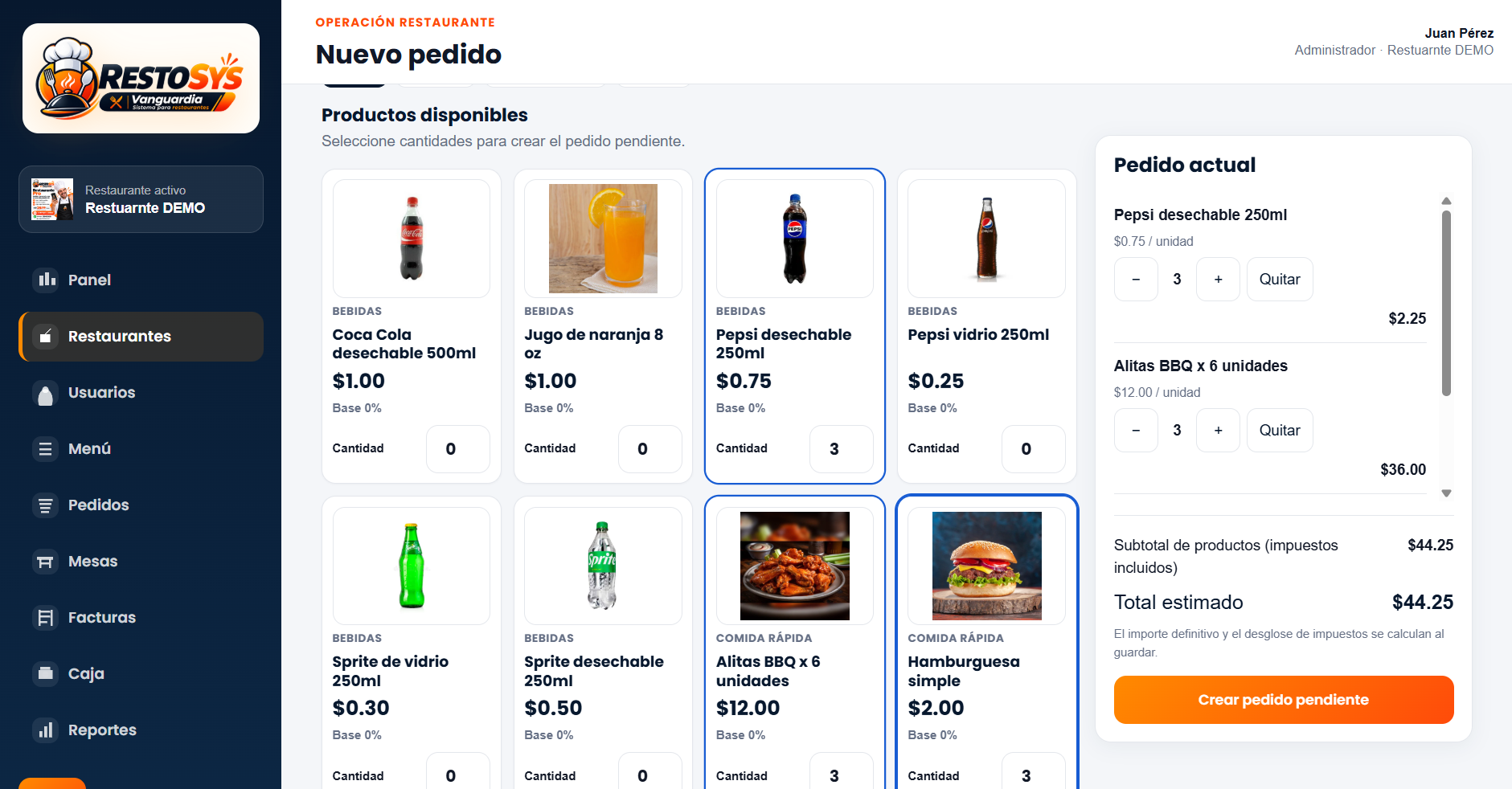 RESTOSYS: selección de productos y detalle del pedido de un restaurante de demostración