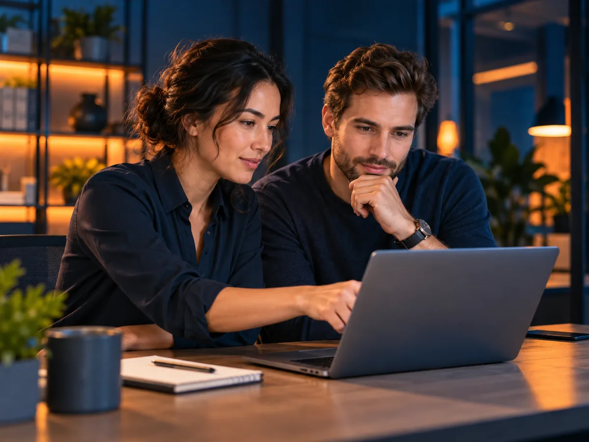Dos profesionales de tecnología revisando un sistema en una laptop