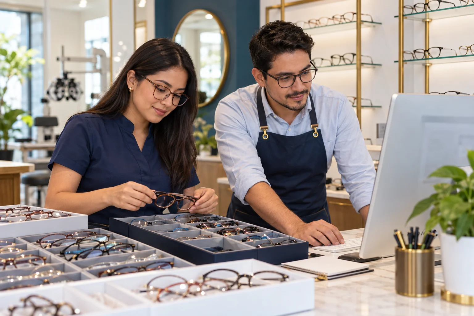 Equipo de una óptica organizando productos e inventario con apoyo de una computadora